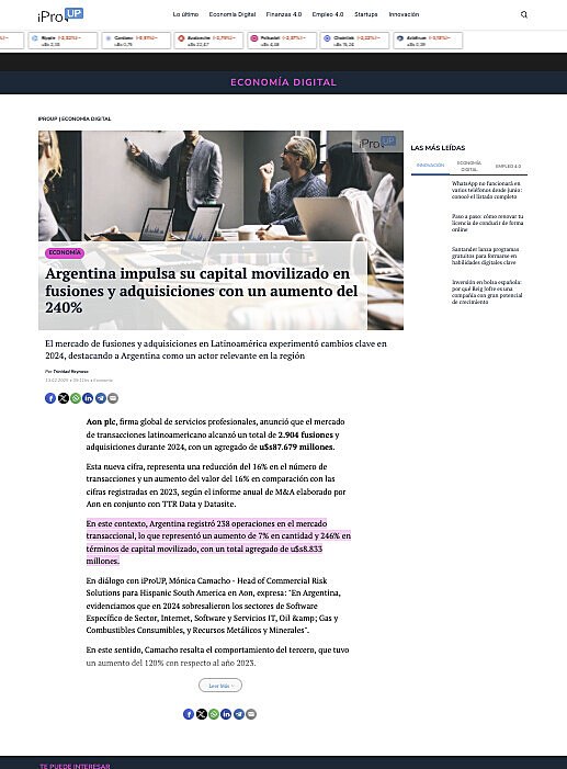 Argentina impulsa su capital movilizado en fusiones y adquisiciones con un aumento del 240%